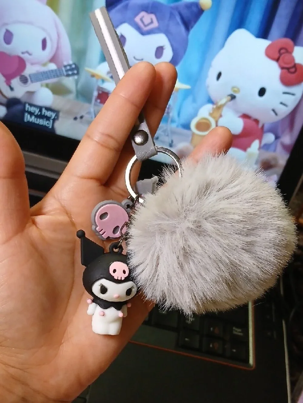 Kuromi Plush Pom Keychain - Gray Fur with Pink/Black Kuromi Charm